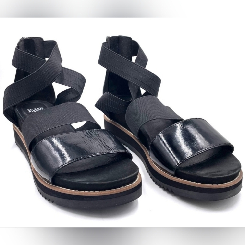 Eileen Fisher Black Leather Klay Wedge Stretch Platform Sandals Size 9